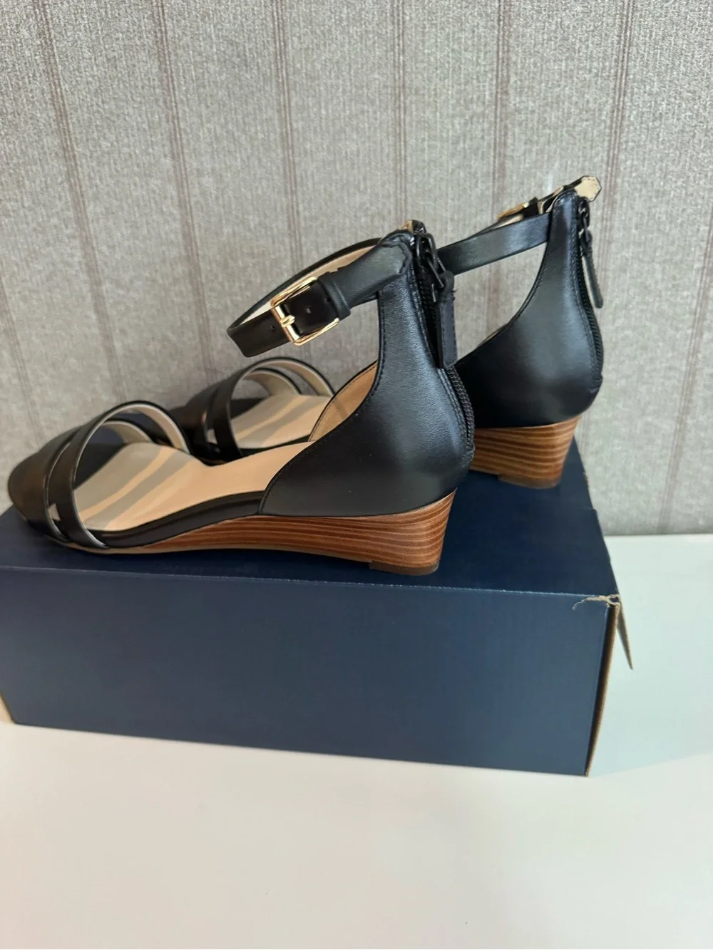 Size 7 Cole Haan Abriella Leather Wedge Sandals, W19578 Black